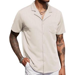 imageCOOFANDY Mens Wrinkle Free Untucked Cuban Shirt Business Casual Button Down Shirts Short Sleeve ShirtBeige