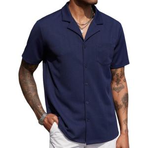 imageCOOFANDY Mens Wrinkle Free Untucked Cuban Shirt Business Casual Button Down Shirts Short Sleeve ShirtDark Blue