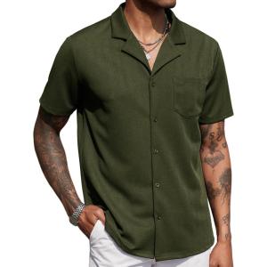 imageCOOFANDY Mens Wrinkle Free Untucked Cuban Shirt Business Casual Button Down Shirts Short Sleeve ShirtDark Green