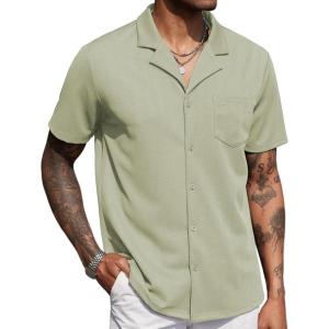 imageCOOFANDY Mens Wrinkle Free Untucked Cuban Shirt Business Casual Button Down Shirts Short Sleeve ShirtGray Green