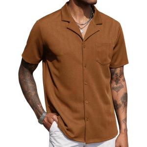 imageCOOFANDY Mens Wrinkle Free Untucked Cuban Shirt Business Casual Button Down Shirts Short Sleeve ShirtLight Brown