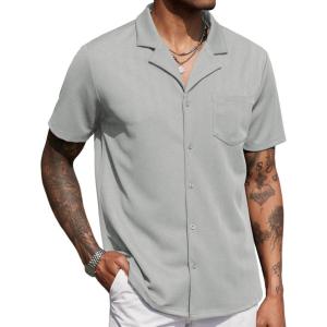 imageCOOFANDY Mens Wrinkle Free Untucked Cuban Shirt Business Casual Button Down Shirts Short Sleeve ShirtLight Grey