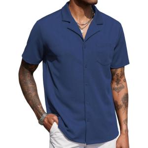 imageCOOFANDY Mens Wrinkle Free Untucked Cuban Shirt Business Casual Button Down Shirts Short Sleeve ShirtNavy Blue