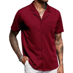 imageCOOFANDY Mens Wrinkle Free Untucked Cuban Shirt Business Casual Button Down Shirts Short Sleeve ShirtRed