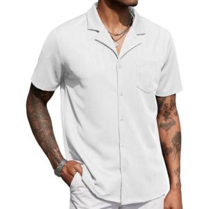 imageCOOFANDY Mens Wrinkle Free Untucked Cuban Shirt Business Casual Button Down Shirts Short Sleeve ShirtWhite