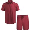imageCOOFANDY Mens 2 Pieces Linen Set Short Sleeve Button Down Shirts Summer Beach Shorts Casual OutfitsDark Red