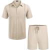 imageCOOFANDY Mens 2 Pieces Linen Set Short Sleeve Button Down Shirts Summer Beach Shorts Casual OutfitsKhaki