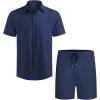 imageCOOFANDY Mens 2 Pieces Linen Set Short Sleeve Button Down Shirts Summer Beach Shorts Casual OutfitsNavy Blue
