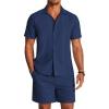 imageCOOFANDY Mens 2 Pieces Linen Set Short Sleeve Button Down Shirts Summer Beach Shorts Casual OutfitsNavy Blue