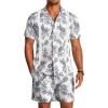 imageCOOFANDY Mens 2 Pieces Linen Set Short Sleeve Button Down Shirts Summer Beach Shorts Casual OutfitsNavy Blue Leaves