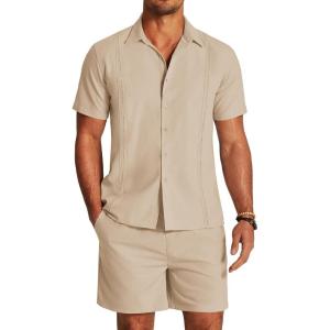 imageCOOFANDY Mens 2 Pieces Linen Set Short Sleeve Button Down Shirts Summer Beach Shorts Casual OutfitsApricot