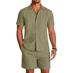 imageCOOFANDY Mens 2 Pieces Linen Set Short Sleeve Button Down Shirts Summer Beach Shorts Casual OutfitsArmy Green
