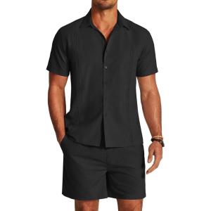 imageCOOFANDY Mens 2 Pieces Linen Set Short Sleeve Button Down Shirts Summer Beach Shorts Casual OutfitsBlack