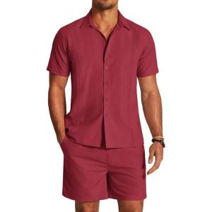 imageCOOFANDY Mens 2 Pieces Linen Set Short Sleeve Button Down Shirts Summer Beach Shorts Casual OutfitsDark Red