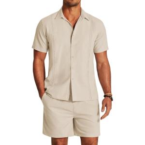 imageCOOFANDY Mens 2 Pieces Linen Set Short Sleeve Button Down Shirts Summer Beach Shorts Casual OutfitsKhaki