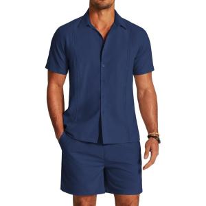 imageCOOFANDY Mens 2 Pieces Linen Set Short Sleeve Button Down Shirts Summer Beach Shorts Casual OutfitsNavy Blue
