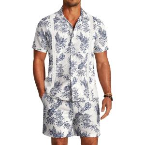 imageCOOFANDY Mens 2 Pieces Linen Set Short Sleeve Button Down Shirts Summer Beach Shorts Casual OutfitsNavy Blue Leaves