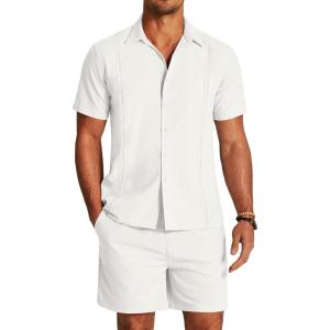 imageCOOFANDY Mens 2 Pieces Linen Set Short Sleeve Button Down Shirts Summer Beach Shorts Casual OutfitsWhite