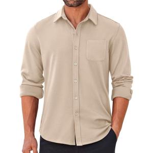 imageCOOFANDY Mens Long Sleeve Wrinkle Free Shirts Casual Button Down Stretch Dress Shirt with PocketLight Khaki