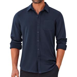 imageCOOFANDY Mens Long Sleeve Wrinkle Free Shirts Casual Button Down Stretch Dress Shirt with PocketNavy Blue
