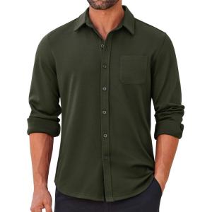 imageCOOFANDY Mens Long Sleeve Wrinkle Free Shirts Casual Button Down Stretch Dress Shirt with PocketOlive Green
