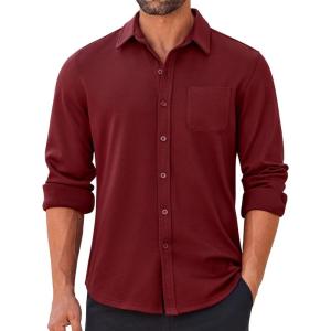 imageCOOFANDY Mens Long Sleeve Wrinkle Free Shirts Casual Button Down Stretch Dress Shirt with PocketWine Red