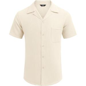 imageCOOFANDY Mens Waffle Shirt Button Down Short Sleeve Shirt Loose Fit Cuban Beach TopsApricot