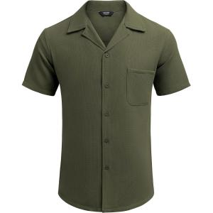 imageCOOFANDY Mens Waffle Shirt Button Down Short Sleeve Shirt Loose Fit Cuban Beach TopsArmy Green