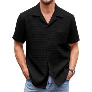 imageCOOFANDY Mens Waffle Shirt Button Down Short Sleeve Shirt Loose Fit Cuban Beach TopsBlack