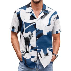 imageCOOFANDY Mens Waffle Shirt Button Down Short Sleeve Shirt Loose Fit Cuban Beach TopsBlue White