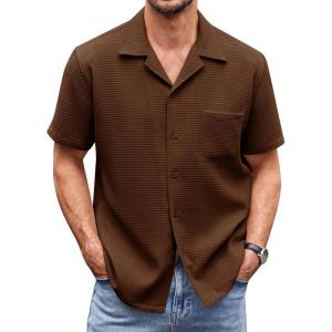 imageCOOFANDY Mens Waffle Shirt Button Down Short Sleeve Shirt Loose Fit Cuban Beach TopsBrown