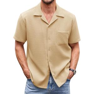 imageCOOFANDY Mens Waffle Shirt Button Down Short Sleeve Shirt Loose Fit Cuban Beach TopsDark Khaki
