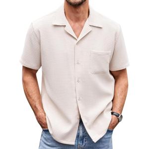 imageCOOFANDY Mens Waffle Shirt Button Down Short Sleeve Shirt Loose Fit Cuban Beach TopsKhaki