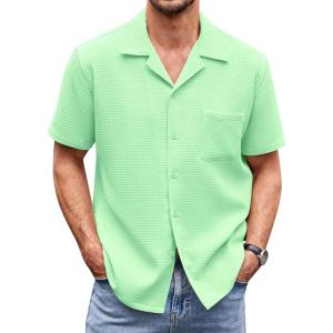 imageCOOFANDY Mens Waffle Shirt Button Down Short Sleeve Shirt Loose Fit Cuban Beach TopsLight Green