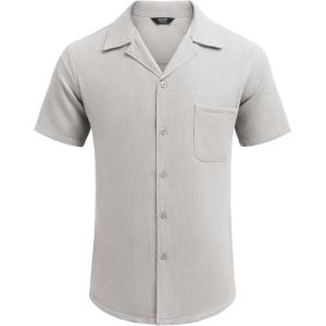 imageCOOFANDY Mens Waffle Shirt Button Down Short Sleeve Shirt Loose Fit Cuban Beach TopsLight Grey