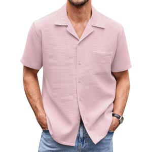 imageCOOFANDY Mens Waffle Shirt Button Down Short Sleeve Shirt Loose Fit Cuban Beach TopsLight Pink