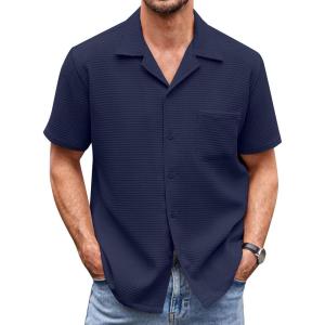 imageCOOFANDY Mens Waffle Shirt Button Down Short Sleeve Shirt Loose Fit Cuban Beach TopsNavy Blue