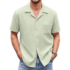 imageCOOFANDY Mens Waffle Shirt Button Down Short Sleeve Shirt Loose Fit Cuban Beach TopsOlive Green