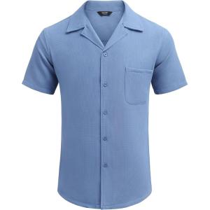 imageCOOFANDY Mens Waffle Shirt Button Down Short Sleeve Shirt Loose Fit Cuban Beach TopsRoyal Blue
