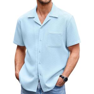 imageCOOFANDY Mens Waffle Shirt Button Down Short Sleeve Shirt Loose Fit Cuban Beach TopsSky Blue