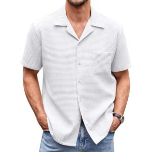 imageCOOFANDY Mens Waffle Shirt Button Down Short Sleeve Shirt Loose Fit Cuban Beach TopsWhite