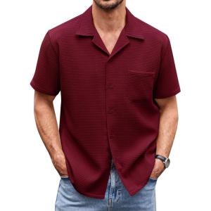 imageCOOFANDY Mens Waffle Shirt Button Down Short Sleeve Shirt Loose Fit Cuban Beach TopsWine Red