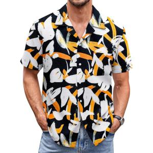 imageCOOFANDY Mens Waffle Shirt Button Down Short Sleeve Shirt Loose Fit Cuban Beach TopsYellow Black