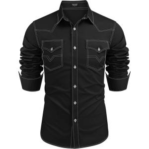 imageCOOFANDY Mens Western Cowboy Shirts Long Sleeve Cotton Casual Button Down Work Shirt with Pockets01black