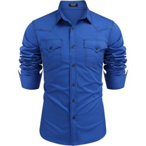 imageCOOFANDY Mens Western Cowboy Shirts Long Sleeve Cotton Casual Button Down Work Shirt with PocketsFrench Blue