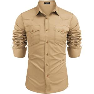 imageCOOFANDY Mens Western Cowboy Shirts Long Sleeve Cotton Casual Button Down Work Shirt with PocketsKhakitan