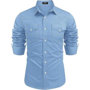 imageCOOFANDY Mens Western Cowboy Shirts Long Sleeve Cotton Casual Button Down Work Shirt with PocketsLight Blue