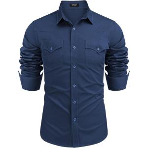 imageCOOFANDY Mens Western Cowboy Shirts Long Sleeve Cotton Casual Button Down Work Shirt with PocketsNavy Blue