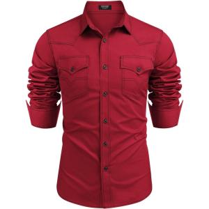 imageCOOFANDY Mens Western Cowboy Shirts Long Sleeve Cotton Casual Button Down Work Shirt with PocketsReda
