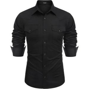 imageCOOFANDY Mens Western Cowboy Shirts Long Sleeve Cotton Casual Button Down Work Shirt with PocketsSolid Black